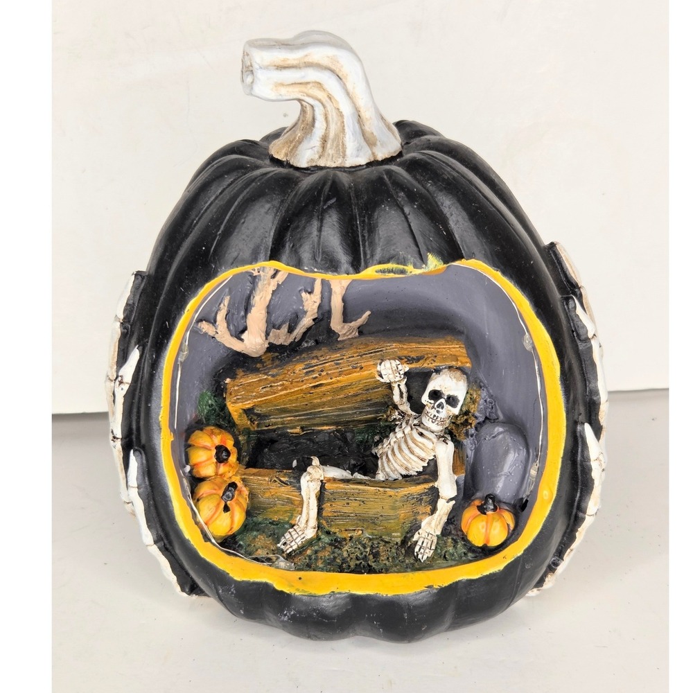Halloween Black Pumpkin Skeleton Coffin Diorama Color Changing LED Light Up 9"
